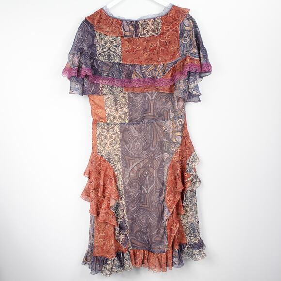 Costarellos Frill Ruffle Tiered Dress Bohemian Cottagcore Paisley Patches - Picture 6 of 13